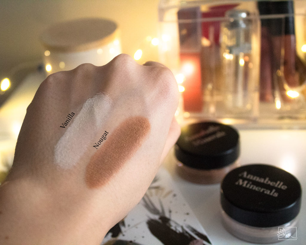 Cienie mineralne Annabelle Minerals kolor Vanilla i Nougat swatche